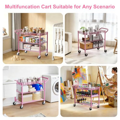 Pink Rolling Utility Cart with Wheels, 990Lbs Heavy Duty Metal Cart with Handle & Shelf Liners, NSF Certified 3-Tier Storage Trolley for Esthetician, Kitchen, Salon & Craft Room, Pink - color: Pink-3 Tier