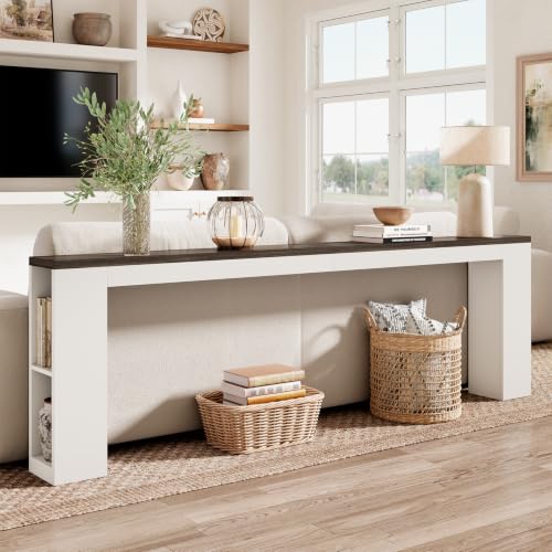94.5" Behind Sofa Couch Table with Outlet & Side Shelves, White | Extra Long Console, 94.5"L, Narrow Console Table with USB Charging & Storage Shelf, Skinny for Entryway Hallway - color: White