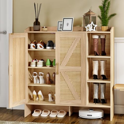 HOOBRO Shoe Cabinet for Entryway, Rattan Shoe Storage Cabinet with Doors, 4-Tier Freestanding Shoe Organizer with Side Cabinet, Large Capacity Wooden Shoe Cabinet, Natural NL95SC01