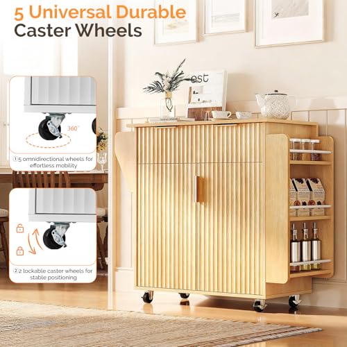 VINGLI Kitchen Island Cart with Storage, Rolling Kitchen Cart on Wheels with Foldable Drop Leaf, 15.35 x 31.15 x 34.45 Inches, Rubber Wood Top, Drawer and Door Cabinet, Oak