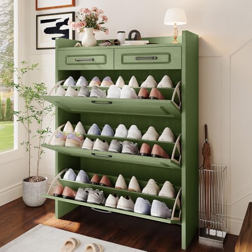 Lakifun Narrow Shoe Organizer Cabinet with 3 Large Flip Drawers & 2 Storage Drawers - Slim Shoe Storage for Entryway, Hallway, Bedroom, Apartment, Green - color: Green
