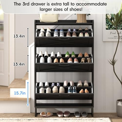 Maupvit Shoe Storage Cabinet with 3 Flip Drawers, Freestanding Organizer with Metal Legs for Entryway, Narrow Shoe Rack Cabinet, Black - color: Black, style: 3-Drawers