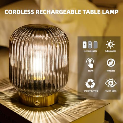 MJ PREMIER Rechargeable Table Lamp, Cordless Lamp with Memory Function,Gray | Small Glass LED Lamp with Dimmable Brightness, Decorative Touch Lamps for Bedroom Living Room