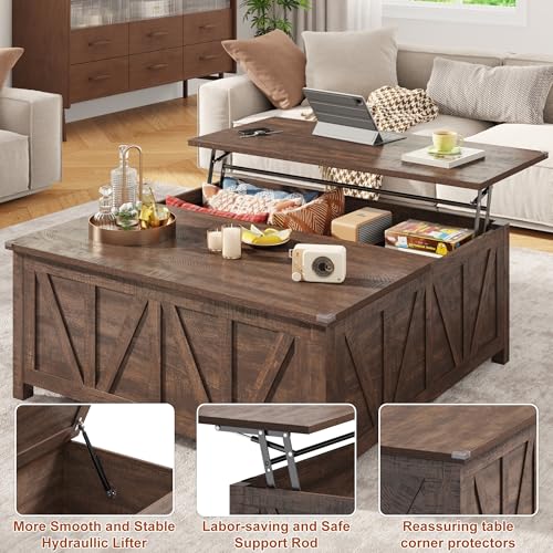 chartustriable 43.3“ Lift Top Coffee Table with Storage, Farmhouse Coffee Table with Large Hidden Storage Compartment and Shelves，Square Center Tables for Living Room, Tea Table Dark Brown - color: Brown