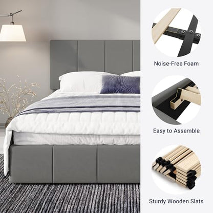 Allewie King Size Dutch Velvet Upholstered Platform Bed Frame/Vertical Channel Tufted Adjustable Headboard/Low Profile Bed Frame/No Box Spring Needed/Easy Assembly/Grey - color: Grey, size: King