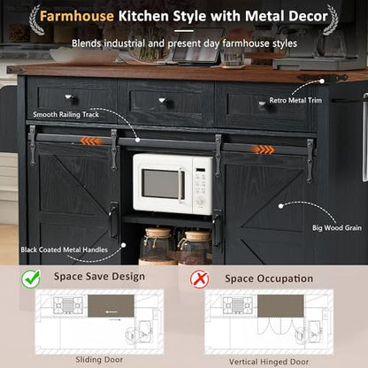 53.7" Kitchen Island with Drop Leaf & Power Outlet, Rolling Kitchen Island Cart On Wheels with 2 Sliding Barn Door, Kitchen Island Table with Storage, for Kitchen, Dining Room (Black) - color: Black