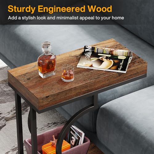 Tribesigns Side Table Set of 2 Narrow Side Table Brown Black C Shaped End Table Modern Bedside Tables for Couch, Small Sofa Tables with Metal Frame for Living Room (2, Rustic Brown+Black) - color: Rustic Brown+black