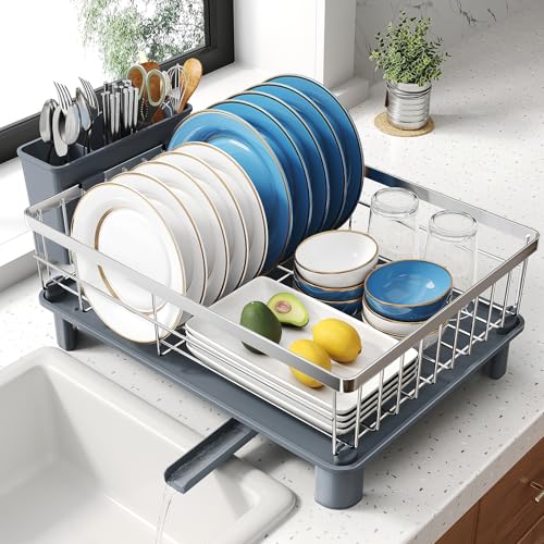 SNTD Dish Drying Rack for Small Kitchen Counter, 12.9" W x 16.9" L, Silver | Space Saving, Rotating Spout & Angled Drainboard for Quick Drainage, Stainless Steel, Removable Utensil Holder - color: Silver, size: 12.9" W x 16.9" L