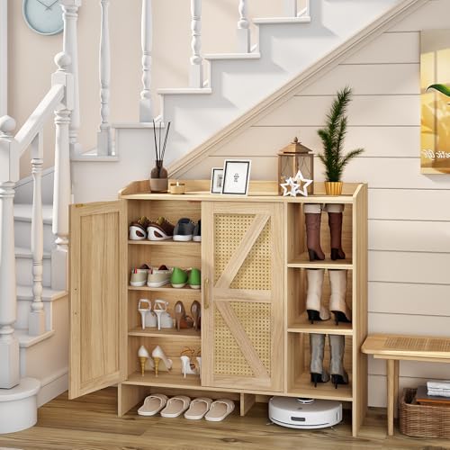 HOOBRO Shoe Cabinet for Entryway, Rattan Shoe Storage Cabinet with Doors, 4-Tier Freestanding Shoe Organizer with Side Cabinet, Large Capacity Wooden Shoe Cabinet, Natural NL95SC01
