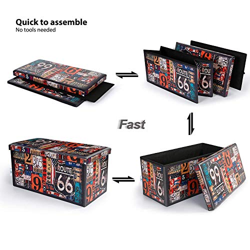 B FSOBEIIALEO Folding Storage Ottoman Cube Bench with Faux Leather Ottomans Footrest Seat, Coffee Table Route 66