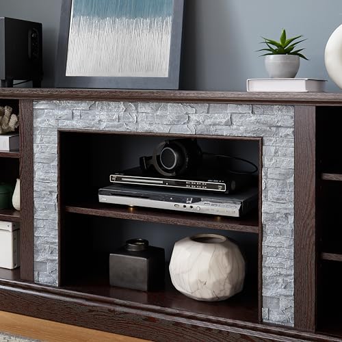 70 inch TV Stand for 75 inch TV, Cherry Wood Media Console with Faux Stacked Stone Surround, Large Entertainment Center with Storage Cabinets and 6 Cable Management Holes for Living Room - color: Cherry