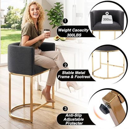 HNY Modern Barrel Counter Height Bar Stools Set of 2, 29 Inch Charcoal Linen Kitchen Barstools with Back for Island, with Gold Metal Tubular Frame - color: 29inch Charcoal,gold Base