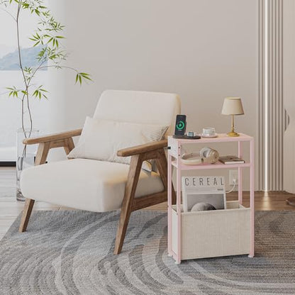 Leomonio Pink Side Table with Charging Station, Slim End Tables with Linen Basket, Skinny Table for Small Spaces, Thin Bedside Table for Living Room, Bedroom - color: Jelly Pink + Cream White - Outlet