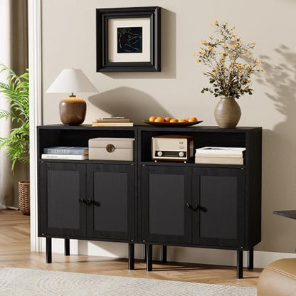Rattan Storage Cabinet, Boho Accent Cabinet with Double Doors | Small Freestanding Sideboard for Hallway, Laundry Room,Kitchen, Dining Room, Entryway (Black) - color: Black