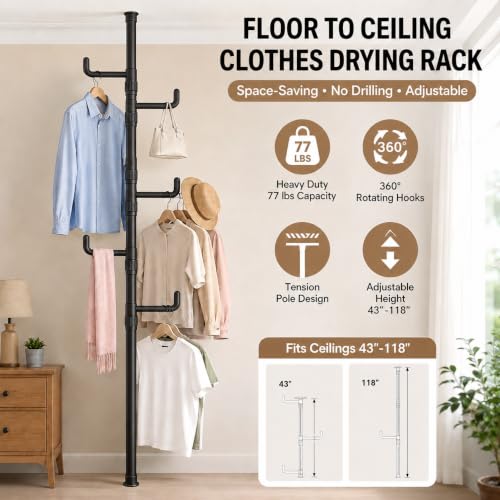 Floor to Ceiling Clothes Drying Rack, Adjustable Tension Pole Laundry Rack for Balcony. Vertical Coat Hanger Stand for Bathroom Bedroom, No Drilling Easy Install Space Saving (Black) - color: Black