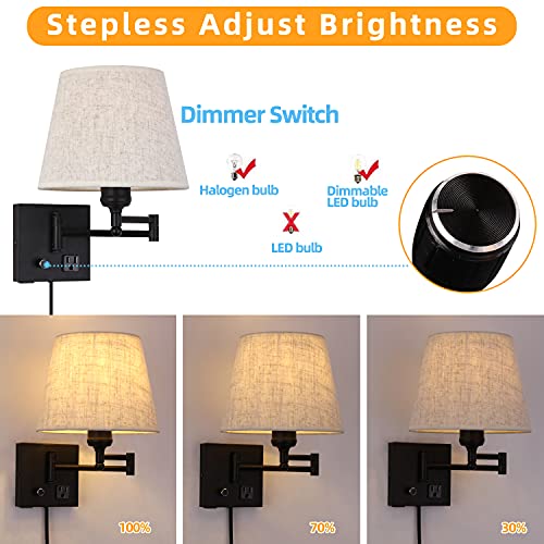 Bedside Wall Mount Light with Dimmable Switch and Outlet, Swing Arm Fabric Shade Wall Sconce Light with USB Port and Plug in Cord, Black Wall Lamp for Bedroom, Living Room and Hotel - color: Black