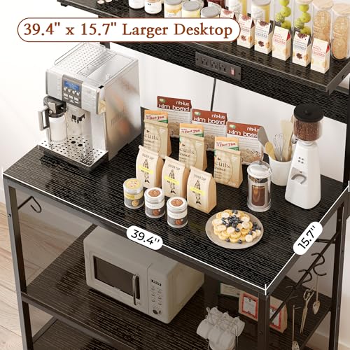 SUPERJARE Bakers Rack with Power Outlets, Microwave Stand, 39.4 X 14.3 Inch Larger Desktop, Kitchen Storage Rack with Adjustable Middle Shelf, 6 S-Shaped Hooks, Coffee Bar Stand, Black - color: Black, size: 39.4inch