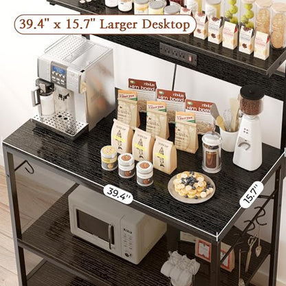 SUPERJARE Bakers Rack with Power Outlets, Microwave Stand, 39.4 X 14.3 Inch Larger Desktop, Kitchen Storage Rack with Adjustable Middle Shelf, 6 S-Shaped Hooks, Coffee Bar Stand, Black - color: Black, size: 39.4inch
