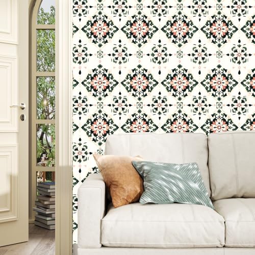 BOKEBEVE Boho Floral Peel and Stick Wallpaper Beige Green 17.5 x 118In | Symmetry Contact Paper Modern Wall Paper for Bedroom Accent Walls Laundry Nursery Pantry Renter Friendly Removable - color: Beige/Yellow/Green, size: 17.5" x 118"