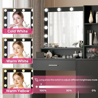 Palimder Vanity Desk with Mirror & Light, Large Drawer Three Level Storage Dresser, 3 Lighting Modes Adjustable Brightness, Bedroom Dressing Table - color: Black
