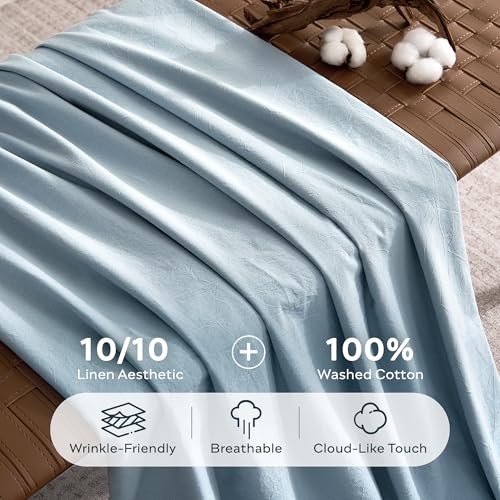 JELLYMONI 100% Washed Cotton Baby Blue Duvet Cover Twin, Linen-Like | OEKO-TEX Certified, Soft, Breathable Percale Bedding with Natural Wrinkle Texture, Button Closure, 2-Piece Set, 68"x90" - color: 01- Baby Blue, size: Twin(68"×90")