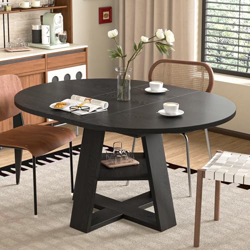 43.3"-59" Extendable Round Oval Dining Table for 4-8 with Storage Shelf | Modern Kitchen Oval Dining Table with Removable Leaves,Space Saving Extendable Table Wood Base for Kitchen Living Room BLack - color: Black