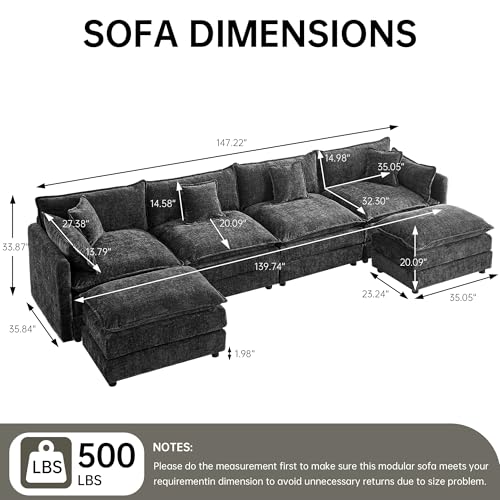 Modular Sectional Sofa, 147.2 Inch U Shaped Couch Set with Armrests, 4-Seater Comfy Cloud Couches with Movable Ottoman for Living Room Apartment, Grey - color: Grey, size: 147.2'' - U Shape