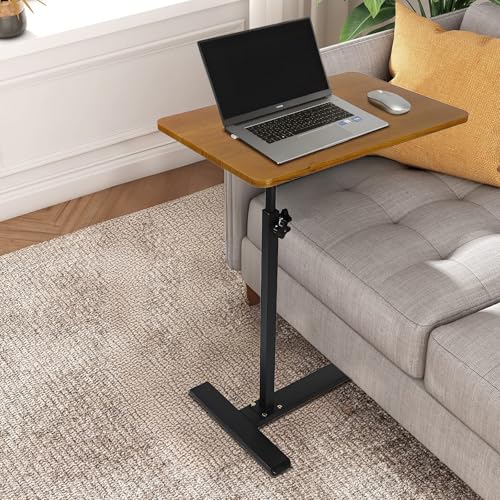 Adjustable Height C Shaped Side Table with Wheels 40 * 60cm | 360° Swivel TV Tray Table, Mobile End Table for Living Room Bedroom Sofa Bed Office - color: Wood Color