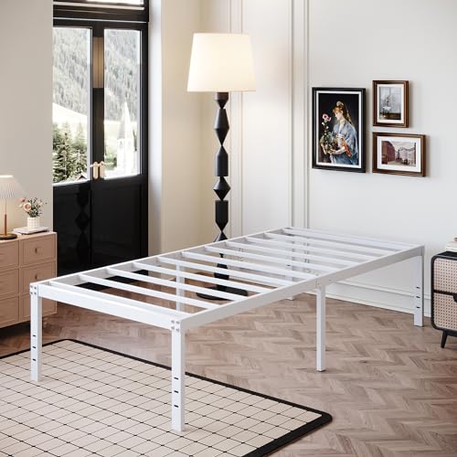 DiaOutro 18 Inch White Twin XL Bed Frame Heavy Duty Metal Platform | Steel Slats Platform No Box Spring Needed Mattress Foundation, Easy Assembly, Noise Free - size: Twin XL, style: 18 Inch (White)