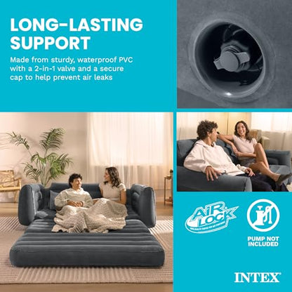 Intex Inflatable Pull-Out Sofa Bed with 2-Pack Lounge Chair and Ottoman Set | 66552EP Convertible Queen Airbed and 66551EP Portable Lounger for Bedroom, Dorm & Living Room (Pump Not Included)