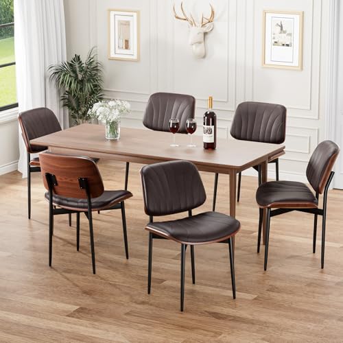 Dining Chairs Set of 2, Mid-Century Modern Upholstered PU Leather Chairs | with Walnut Bentwood Back and Metal Legs Adjustable Feet for Kitchen Dining Room, Dark Brown Shell Strips - color: Dark Brown Shell Strips