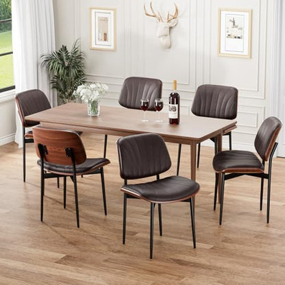 Dining Chairs Set of 2, Mid-Century Modern Upholstered PU Leather Chairs | with Walnut Bentwood Back and Metal Legs Adjustable Feet for Kitchen Dining Room, Dark Brown Shell Strips - color: Dark Brown Shell Strips