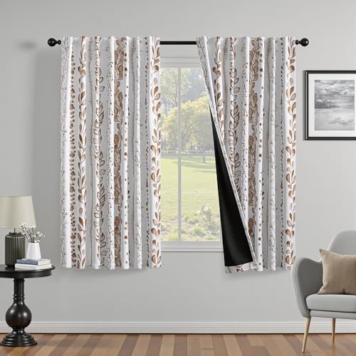 Blackout Curtains 63 Inches Long Leaves Patterned Farmhouse Thermal Insulated Privacy Protection Drapes with Rod Pocket Back Tab for Bedroom Living Room, 2 Panels, 50" Wide, Khaki - color: Blackout- Leaves Khaki, size: 50"W x 63"L (Pack of 2)