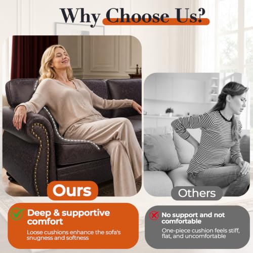 71" W Loveseat Sofa Couch, Faux Leather Fabric Sofas, Brown | Mid-Century Love Seat with Nailhead Trim, Upholstered Couch Set for Living Room Bedroom - color: Brown, size: S-2 seat