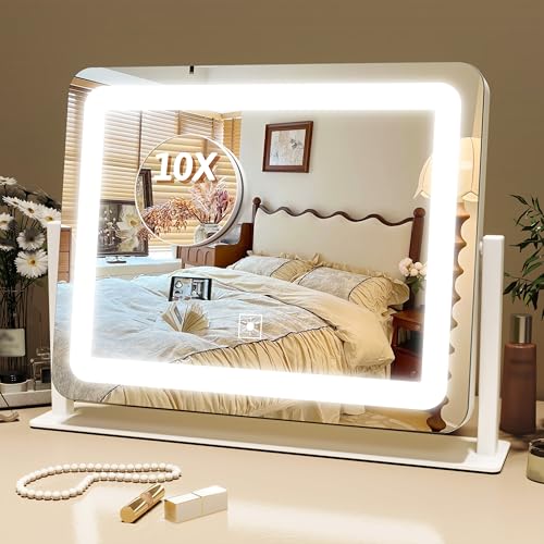 FENNIO Vanity Mirror with Lights, 12" x 16" Lighted Makeup Mirror with Smart Touch Control, 3 Color Modes & Brightness Adjustable, LED Makeup Mirror with 10X Magnification, 360° Rotation for Bedroom - color: White, size: 16"L x 12"W
