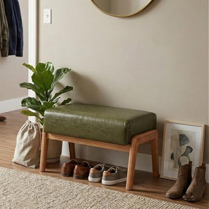 Modern Ottoman Foot Stool, Faux Leather Accent Sofa Footrest with Walnut Rubber Wood Frame, Ottoman Bench for Living Room Entryway Bedroom Sofa Seat, Hunter Green - color: Hunter Green