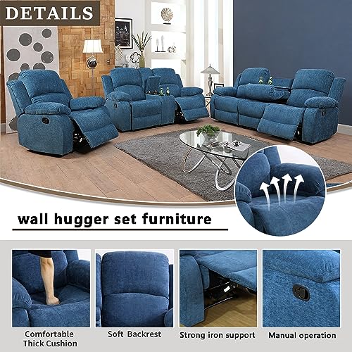 A Ainehome Living Room Furniture Set Recliner Sofa Set Loveseat Chair Furniture Sofa Set for Living Room/Small Space/Rv/House/Office/Theater Seating (A-Blue Microfiber, 3 Piece Set) - color: A-blue Microfiber, size: 3 piece set