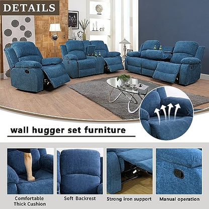 A Ainehome Living Room Furniture Set Recliner Sofa Set Loveseat Chair Furniture Sofa Set for Living Room/Small Space/Rv/House/Office/Theater Seating (A-Blue Microfiber, 3 Piece Set) - color: A-blue Microfiber, size: 3 piece set