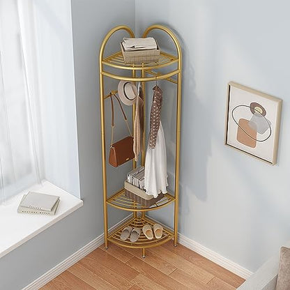 Metal Corner Coat Racks, Gold Clothing Racks Hall Tree, Freestanding Garment Rack with Hooks and Storage Shelf for Hallway, Entryway, Bedroom, Living Room, Office(Gold)