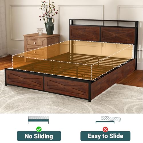 Zevemomo Full LED Bed Frame with 6 Storage Drawers, Farmhouse Headboard w/Charging Ports Station, Full-Size Platform Bed Frame No Box Spring Needed, Metal Structure & Wood Boards, Rustic Bed Frames