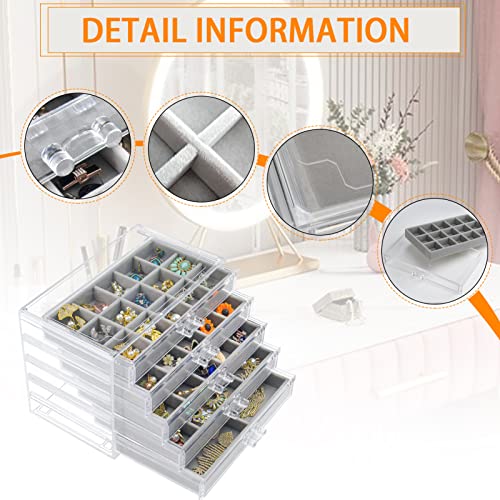 Acrylic Jewelry Box with 5 Drawers, Clear Earring Storage Organizer Display Case for Women Girls, Gray