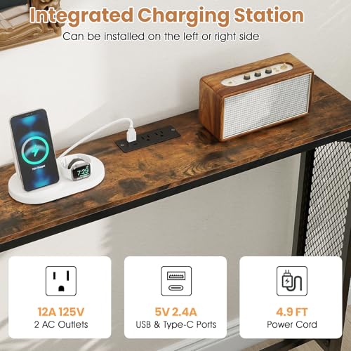 GIANTEX 71" Narrow Console Table with 2 Power Outlets and USB-C Ports | Sofa Table w/ Charging Station & Metal Frame, Skinny Behind Couch Tables, Long Entryway Tables for Living Room, Rustic Brown - color: Rustic Brown + Black