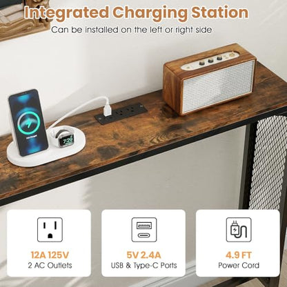 GIANTEX 71" Narrow Console Table with 2 Power Outlets and USB-C Ports | Sofa Table w/ Charging Station & Metal Frame, Skinny Behind Couch Tables, Long Entryway Tables for Living Room, Rustic Brown - color: Rustic Brown + Black
