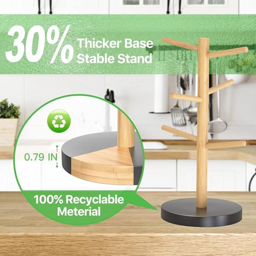 Bamboo Coffee Mug Tree with 6 Hooks, Coffee Cup Holder for Countertop | Decorative Bamboo Mug Holder with 6 Hooks, Non-Slip Wooden Base, Easy-Access Mug Rack for Kitchen Coffee Bars Kitchen - color: Black Natural (6 Hooks)