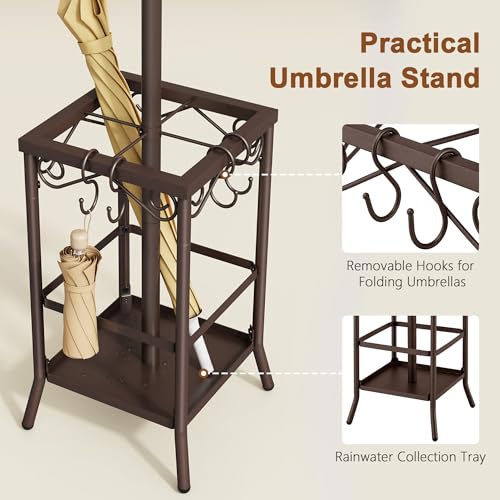 Hoctieon Coat Rack Freestanding, Coat Tree with Umbrella Holder | Metal Coat Rack Stand with 12 Hooks, Standing Coat Hanger Stand, Umbrella Stand for Entryway, Hat Rack Stand for Home Office - color: Brown