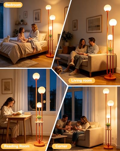 Dimmable 3-Light Globe Floor Lamp with Storage Shelf, Orange Mid Century Modern Standing Lamp, 3PCS 3000K Warm White LED Bulbs Included, Tall Pole Light for Living Room, Bedroom Sofa Corner - color: 3 Globe-Orange Shelf