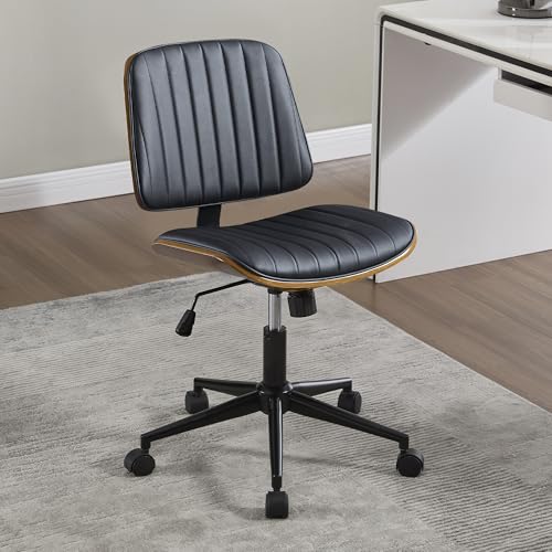 VipDesk Small Home Office Chair - Armless Mid Back Desk Chair with 360° Swivel and Wheels, PU Upholstered Height Adjustable Modern Walnut Computer Chair for Home, Office Meeting Room - Black - color: Black, size: Classic