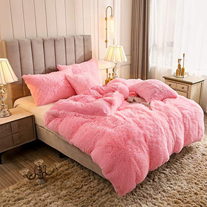 Faux Fur Velvet Fluffy Bedding Duvet Cover Set Down Comforter Quilt Cover with Pillow Sham, Ultra Soft Warm (Twin, Pink) - color: Pink, size: Twin