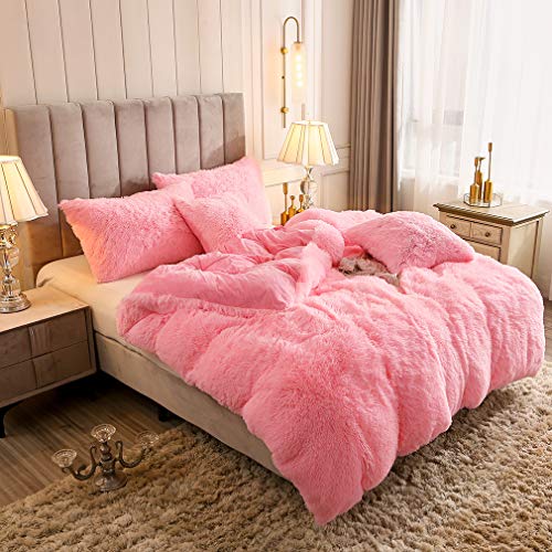 Faux Fur Velvet Fluffy Bedding Duvet Cover Set Down Comforter Quilt Cover with Pillow Shams, Ultra Soft Warm (Pink, Queen) - color: Pink, size: Queen