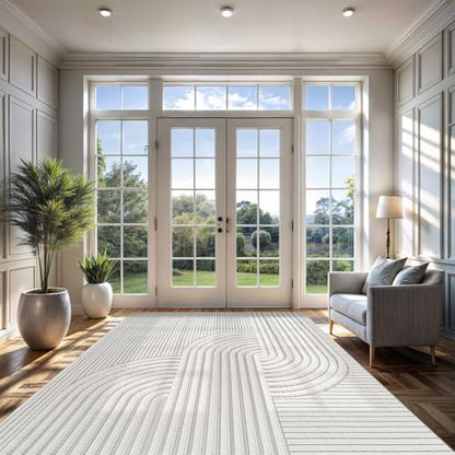 Modern Rug 9x12 Luxury Swirl Curved Large Micro Loop Area Rugs Soft High-Low Pile Stain Resistant Easy to Clean Non-Shedding Durable Living Room Kitchen Indoor Carpet (White) - color: Curved / White, size: 9' x 12' (Rectangular)